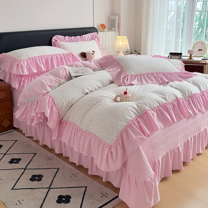 91家纺网 家纺一手货源 找家纺 锦格家纺 2026春夏新款古法水洗棉花边床盖款四件套 樱花落