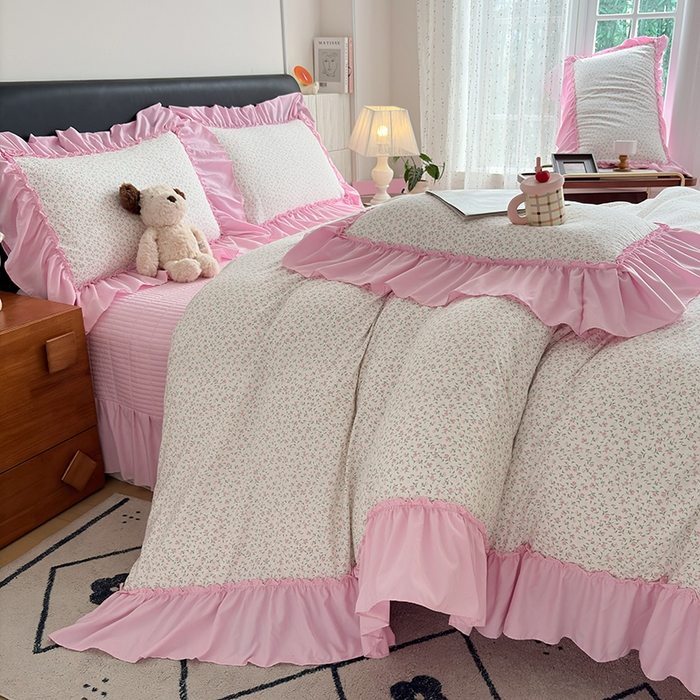 91家纺网 家纺一手货源 找家纺 锦格家纺 2026春夏新款古法水洗棉花边床盖款四件套 樱花落