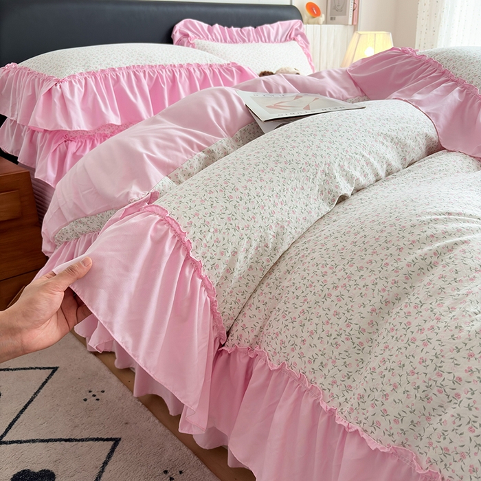 91家纺网 家纺一手货源 找家纺 锦格家纺 2026春夏新款古法水洗棉花边床盖款四件套 樱花落