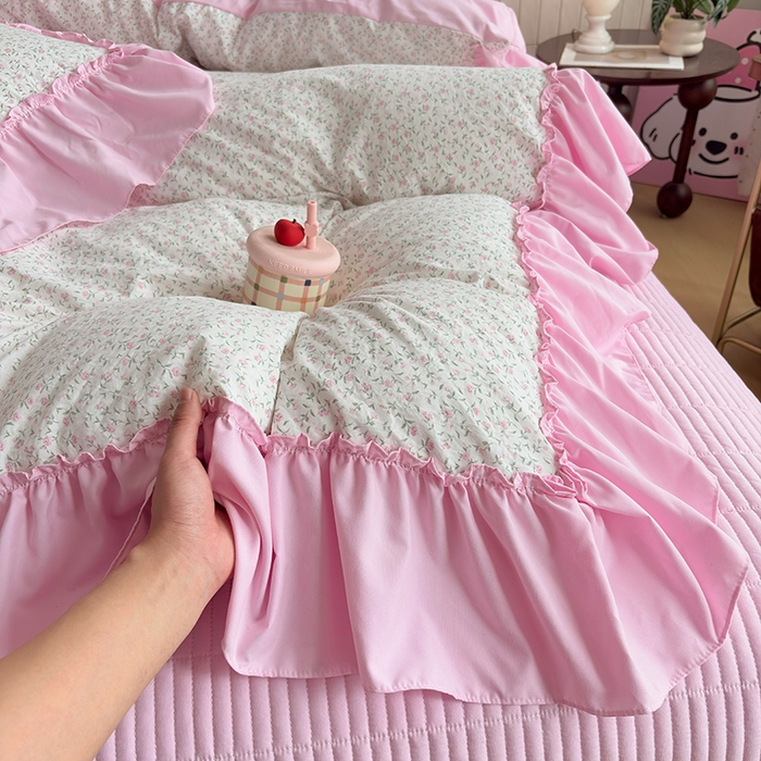 91家纺网 家纺一手货源 找家纺 锦格家纺 2026春夏新款古法水洗棉花边床盖款四件套 樱花落