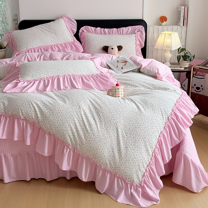 91家纺网 家纺一手货源 找家纺 锦格家纺 2026春夏新款古法水洗棉花边床盖款四件套 樱花落