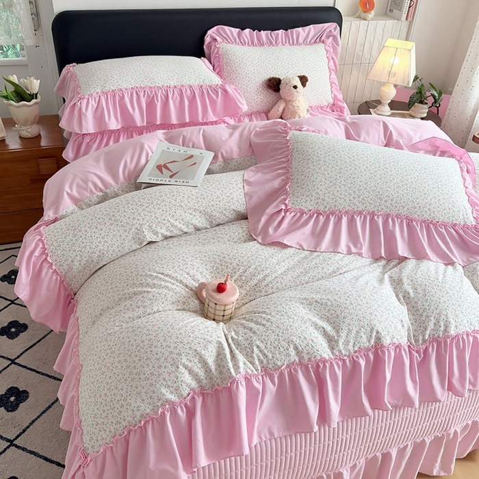 91家纺网 家纺一手货源 找家纺 锦格家纺 2026春夏新款古法水洗棉花边床盖款四件套 樱花落