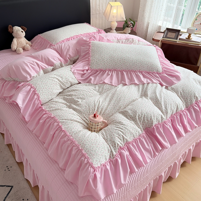 91家纺网 家纺一手货源 找家纺 锦格家纺 2026春夏新款古法水洗棉花边床盖款四件套 樱花落