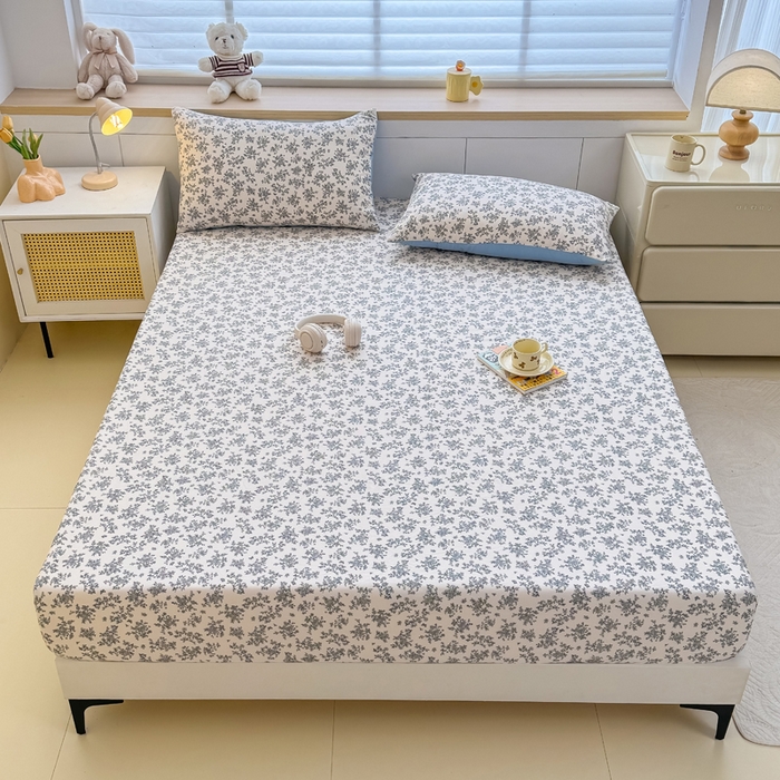 91家纺网 家纺一手货源 找家纺 爱多多家居 2026新款针织棉双层纱床笠 床笠三件套  床笠-花丛灰