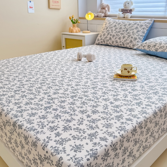 91家纺网 家纺一手货源 找家纺 爱多多家居 2026新款针织棉双层纱床笠 床笠三件套  床笠-花丛灰