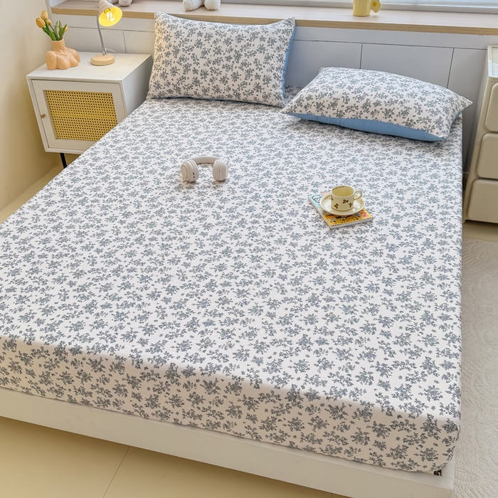 91家纺网 家纺一手货源 找家纺 爱多多家居 2026新款针织棉双层纱床笠 床笠三件套  床笠-花丛灰