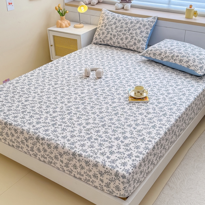 91家纺网 家纺一手货源 找家纺 爱多多家居 2026新款针织棉双层纱床笠 床笠三件套  床笠-花丛灰