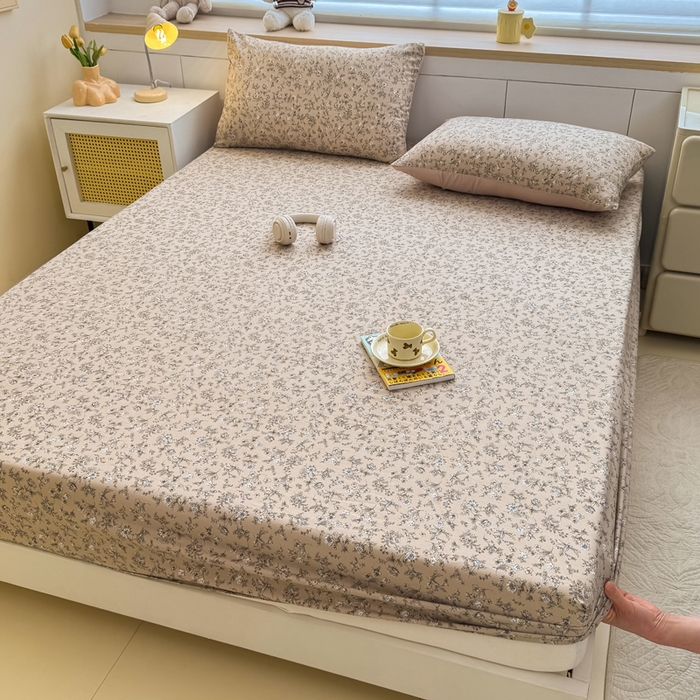 爱多多家居 2026新款针织棉双层纱床笠 床笠三件套  床笠-花丛咖