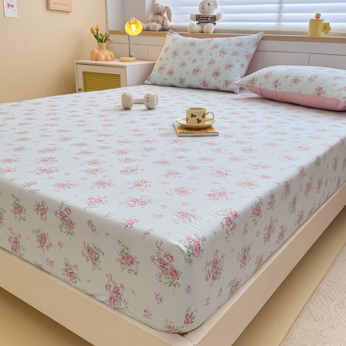 91家纺网 家纺一手货源 找家纺 爱多多家居 2026新款针织棉双层纱床笠 床笠三件套  床笠-玫瑰花园