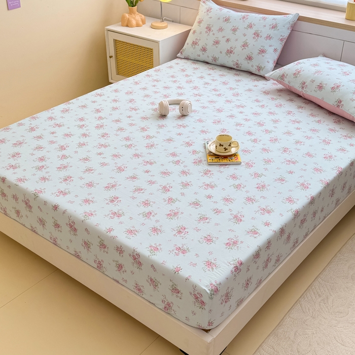 91家纺网 家纺一手货源 找家纺 爱多多家居 2026新款针织棉双层纱床笠 床笠三件套  床笠-玫瑰花园