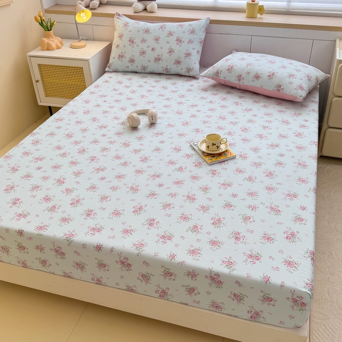 91家纺网 家纺一手货源 找家纺 爱多多家居 2026新款针织棉双层纱床笠 床笠三件套  床笠-玫瑰花园