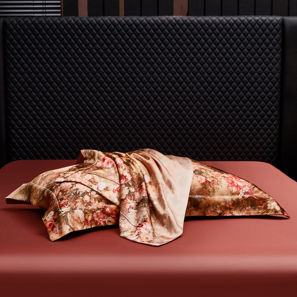 91家纺网 家纺一手货源 找家纺 至爱今生 2026新款数码印花长绒棉四件套-上喜 上喜-鄂尔多酒红