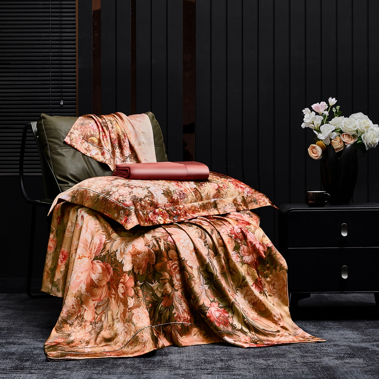 91家纺网 家纺一手货源 找家纺 至爱今生 2026新款数码印花长绒棉四件套-上喜 上喜-鄂尔多酒红