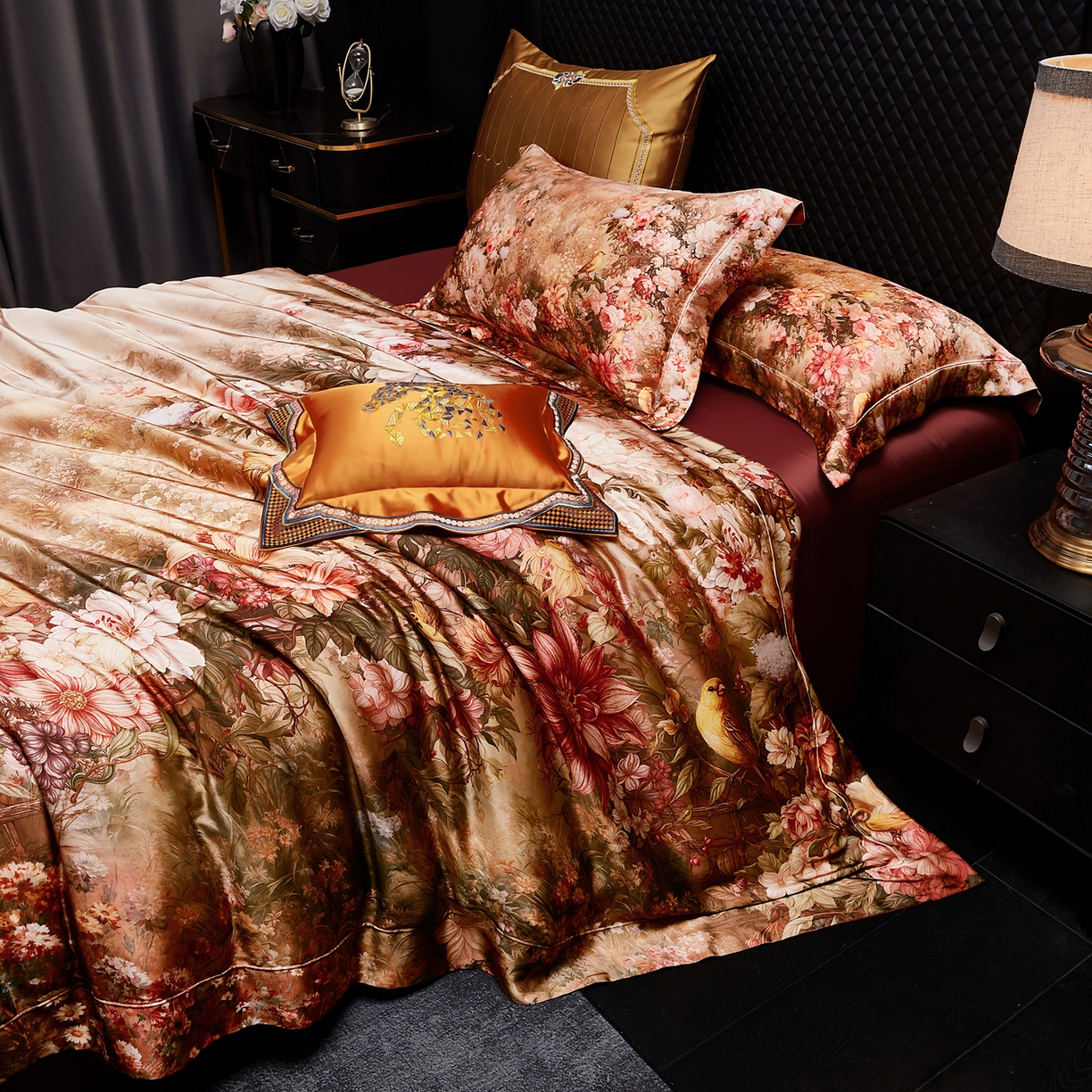 91家纺网 家纺一手货源 找家纺 至爱今生 2026新款数码印花长绒棉四件套-上喜 上喜-鄂尔多酒红