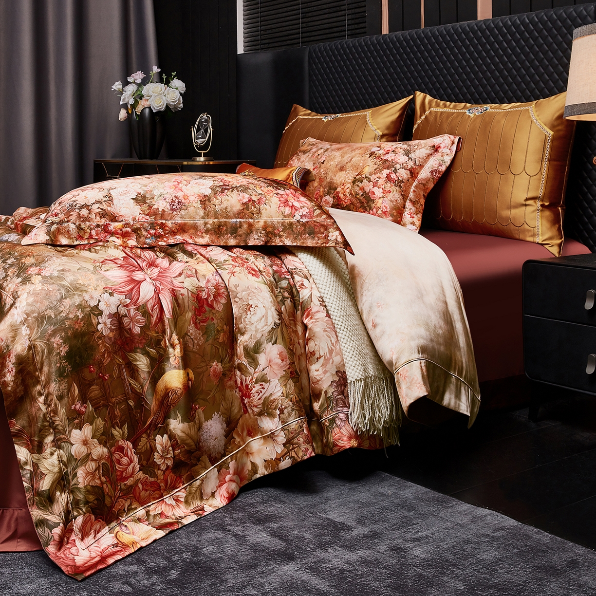 91家纺网 家纺一手货源 找家纺 至爱今生 2026新款数码印花长绒棉四件套-上喜 上喜-鄂尔多酒红