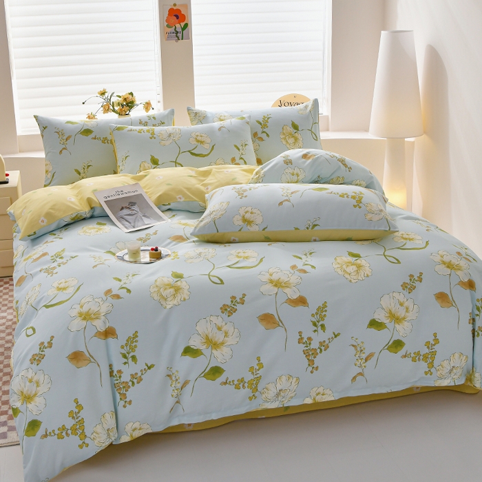 91家纺网 家纺一手货源 找家纺 宇彬家纺 2026直播新款13070全棉纯棉印花单双人被套喷气小清新简约热款学生被罩 花想容-蓝