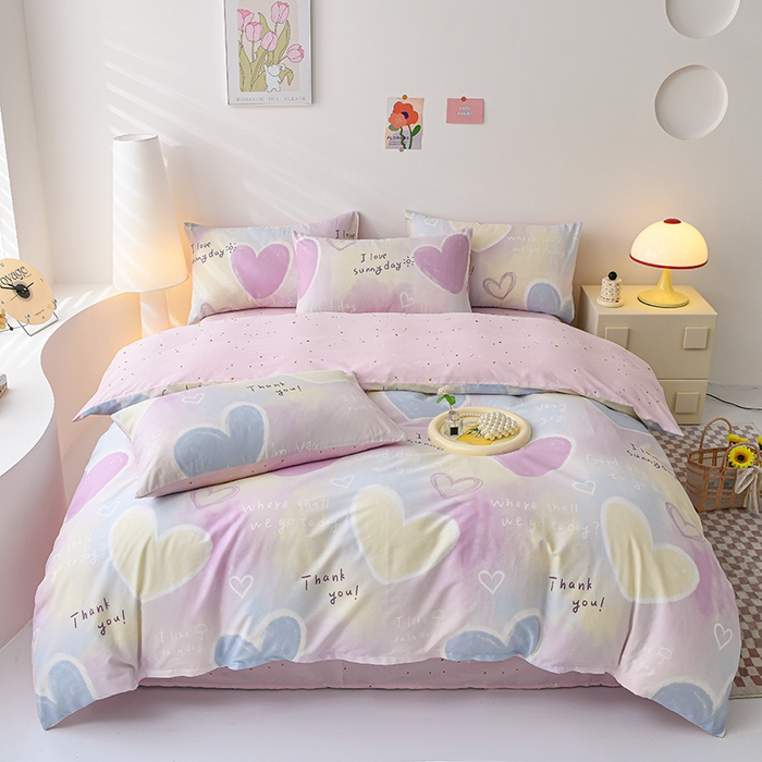 91家纺网 家纺一手货源 找家纺 宇彬家纺 2026直播新款13070全棉纯棉印花单双人被套喷气小清新简约热款学生被罩 爱心记忆