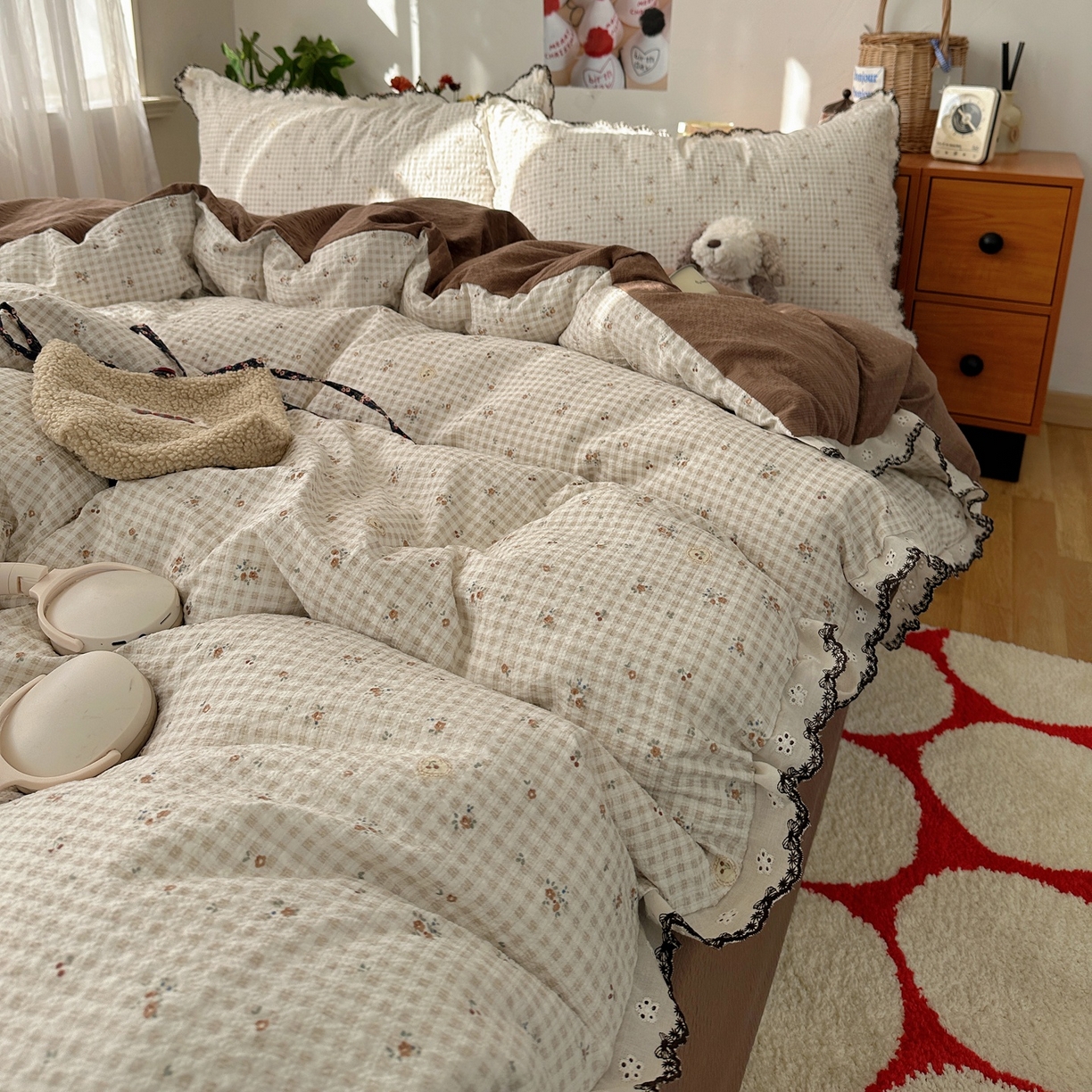 91家纺网 家纺一手货源 找家纺 顾里家纺 2026新款法式复古花边三层纱四件套（会员-2元） 格子樱桃