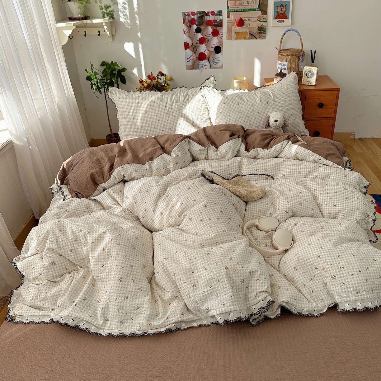 91家纺网 家纺一手货源 找家纺 顾里家纺 2026新款法式复古花边三层纱四件套（会员-2元） 格子樱桃