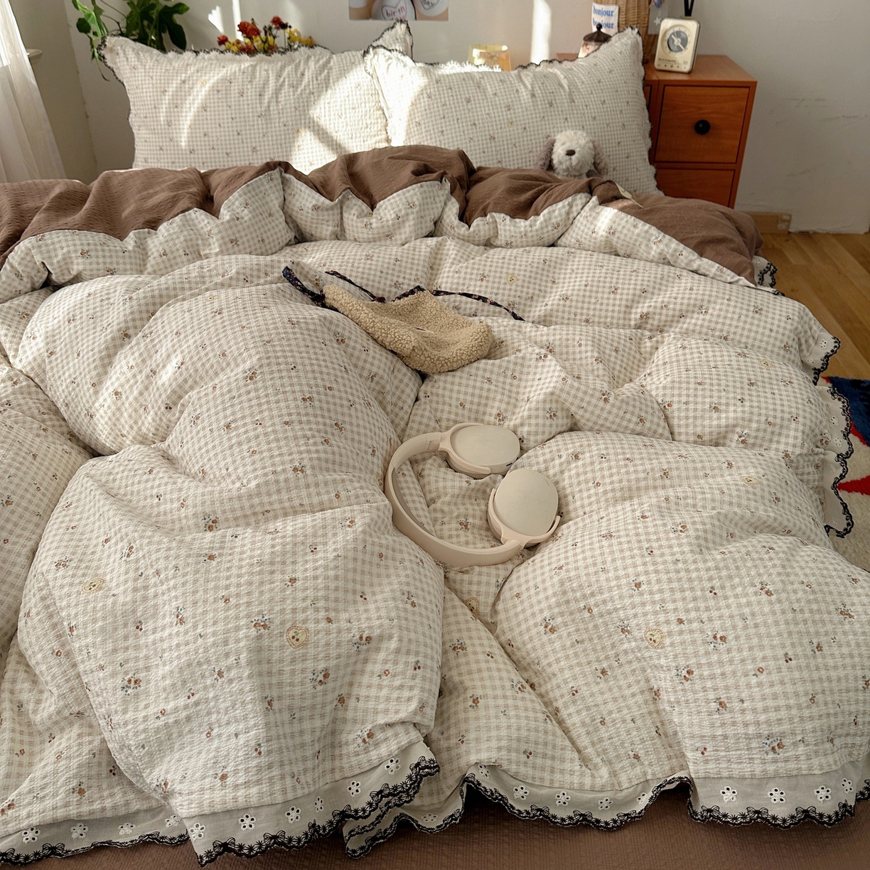 91家纺网 家纺一手货源 找家纺 顾里家纺 2026新款法式复古花边三层纱四件套（会员-2元） 格子樱桃