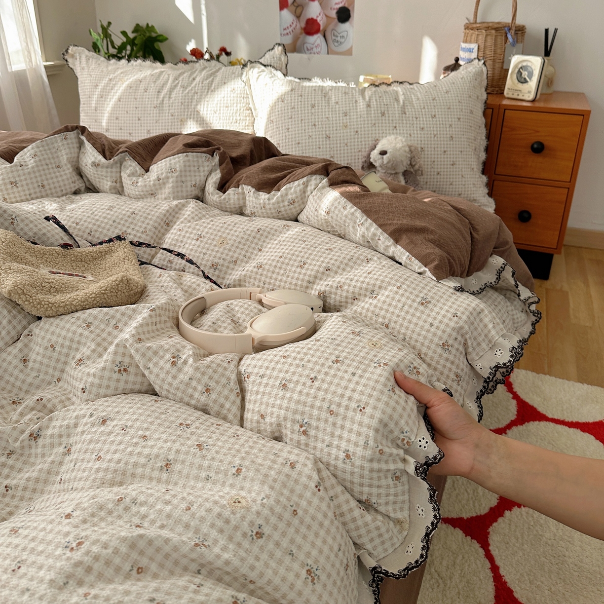 91家纺网 家纺一手货源 找家纺 顾里家纺 2026新款法式复古花边三层纱四件套（会员-2元） 格子樱桃