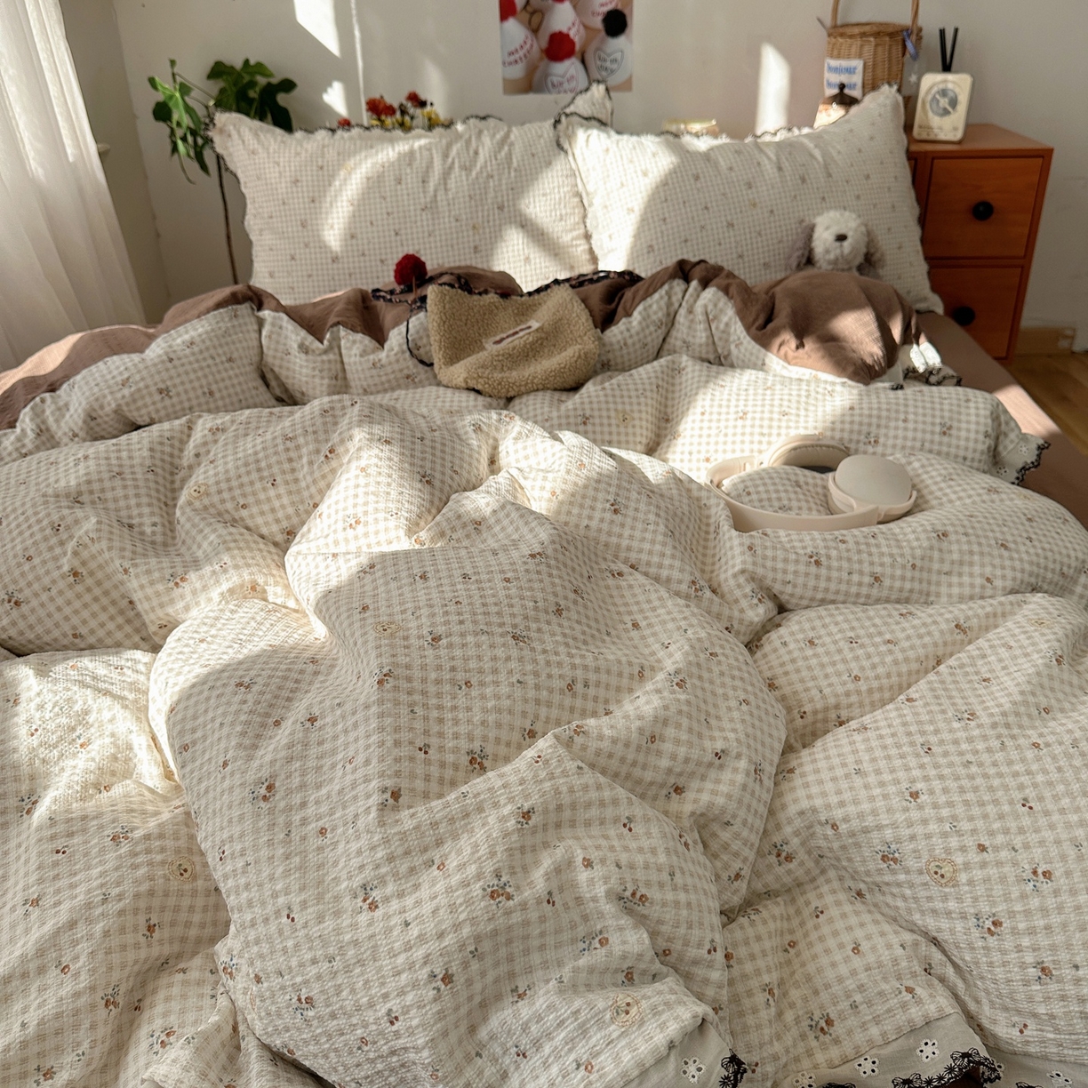 91家纺网 家纺一手货源 找家纺 顾里家纺 2026新款法式复古花边三层纱四件套（会员-2元） 格子樱桃