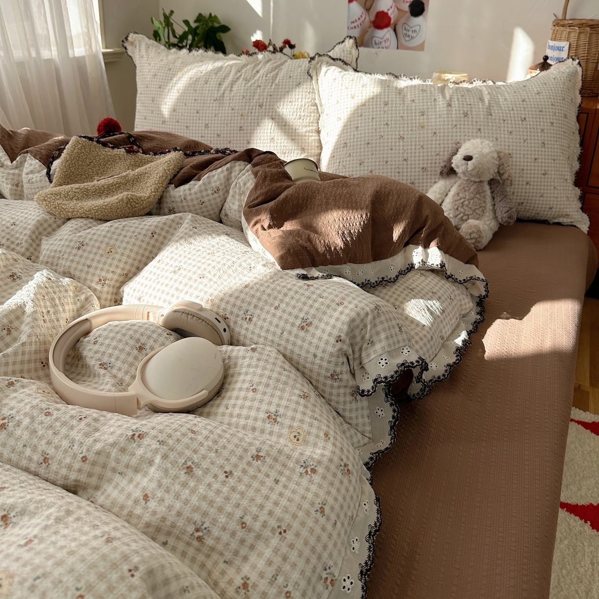 91家纺网 家纺一手货源 找家纺 顾里家纺 2026新款法式复古花边三层纱四件套（会员-2元） 格子樱桃