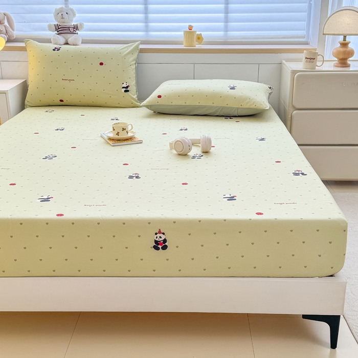 91家纺网 家纺一手货源 找家纺 爱多多家居 2026新款针织棉双层纱床笠 床笠三件套  床笠-熊猫绿