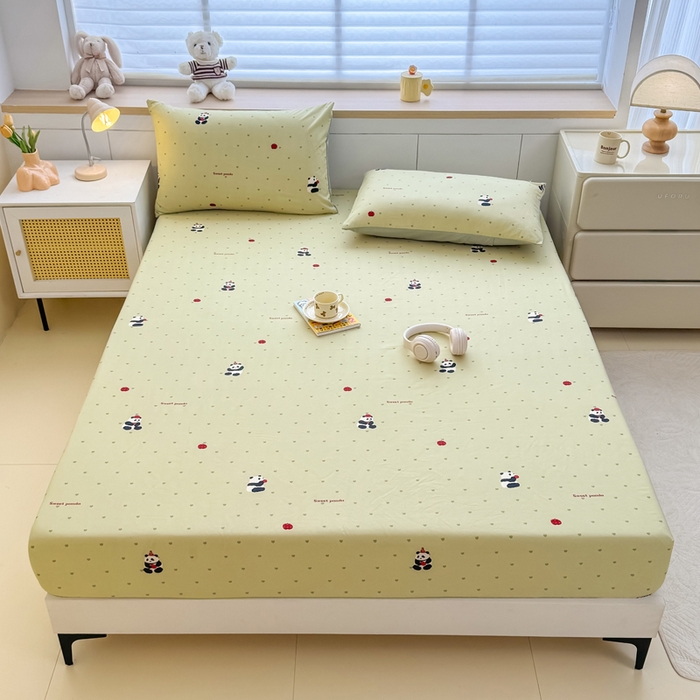 91家纺网 家纺一手货源 找家纺 爱多多家居 2026新款针织棉双层纱床笠 床笠三件套  床笠-熊猫绿