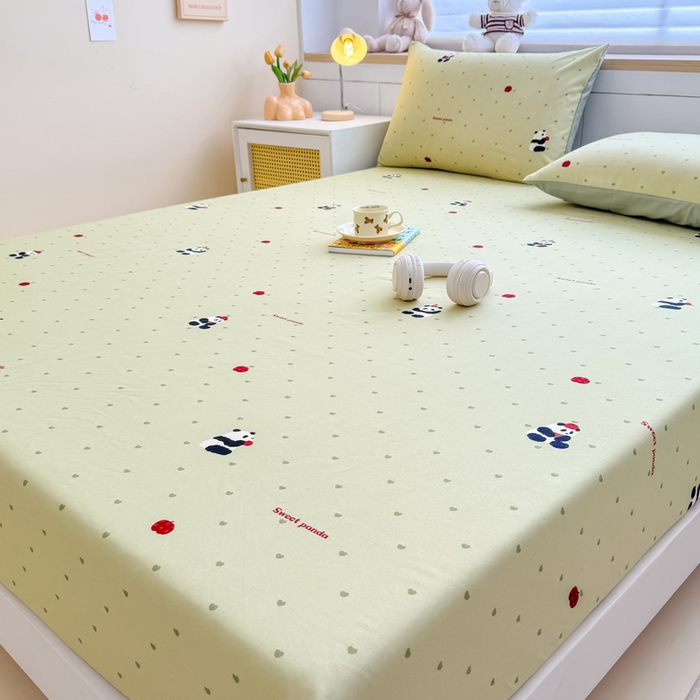 91家纺网 家纺一手货源 找家纺 爱多多家居 2026新款针织棉双层纱床笠 床笠三件套  床笠-熊猫绿