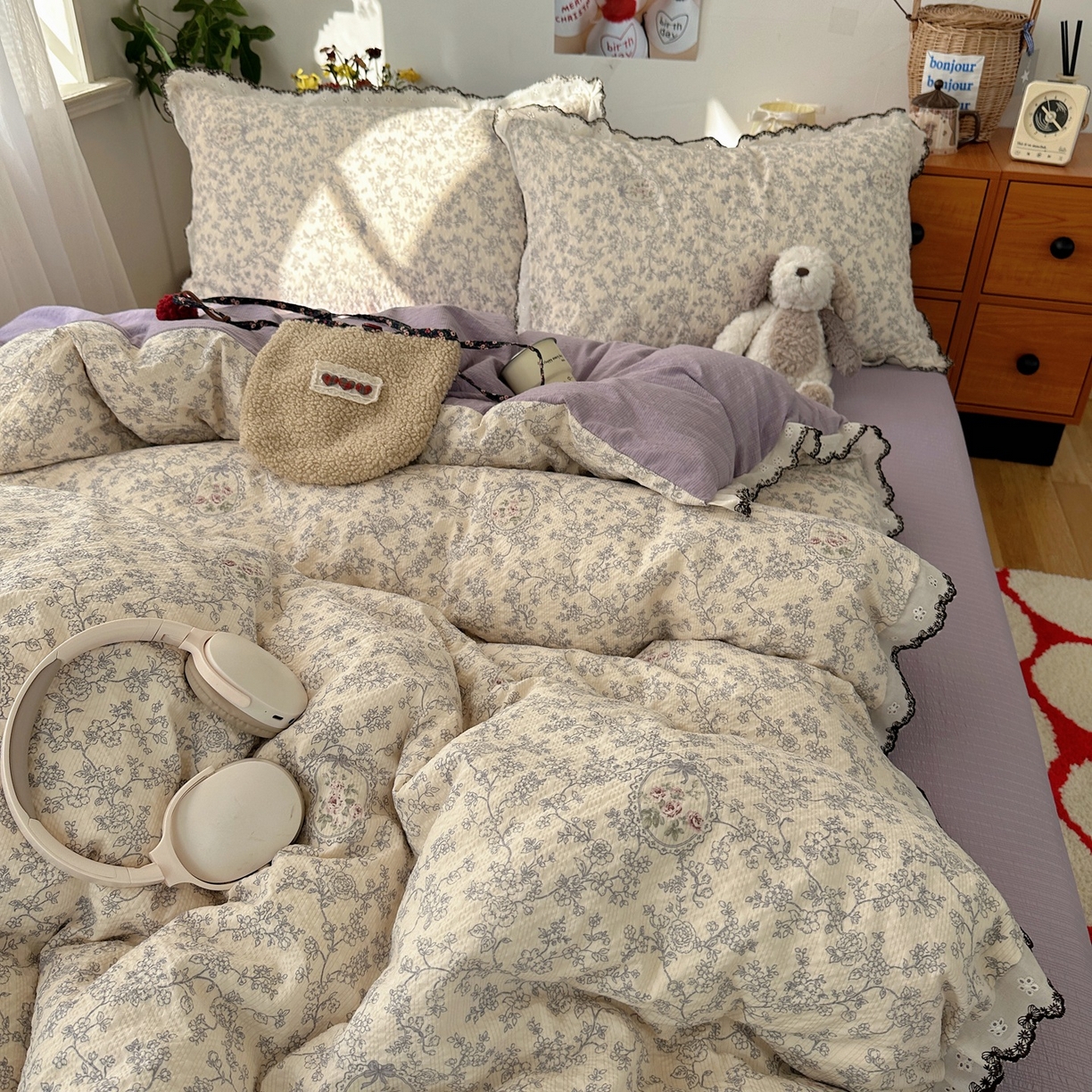 91家纺网 家纺一手货源 找家纺 顾里家纺 2026新款法式复古花边三层纱四件套（会员-2元） 花信蔷薇