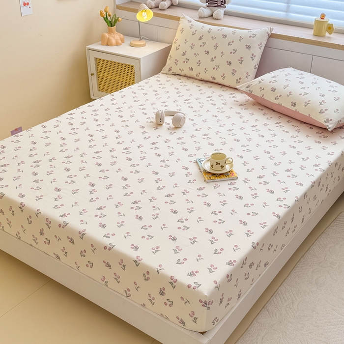 91家纺网 家纺一手货源 找家纺 爱多多家居 2026新款针织棉双层纱床笠 床笠三件套  床笠-郁金香