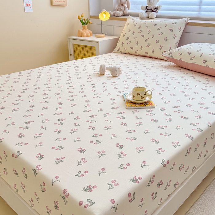 91家纺网 家纺一手货源 找家纺 爱多多家居 2026新款针织棉双层纱床笠 床笠三件套  床笠-郁金香