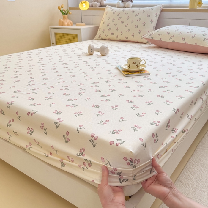 91家纺网 家纺一手货源 找家纺 爱多多家居 2026新款针织棉双层纱床笠 床笠三件套  床笠-郁金香