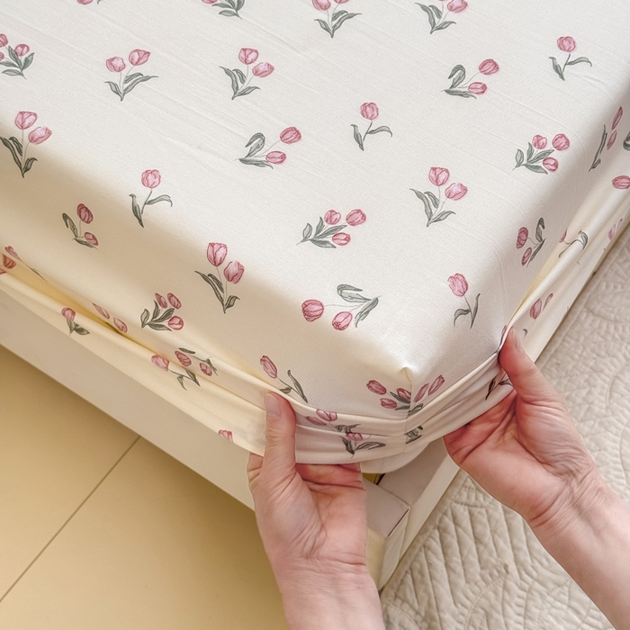 91家纺网 家纺一手货源 找家纺 爱多多家居 2026新款针织棉双层纱床笠 床笠三件套  床笠-郁金香