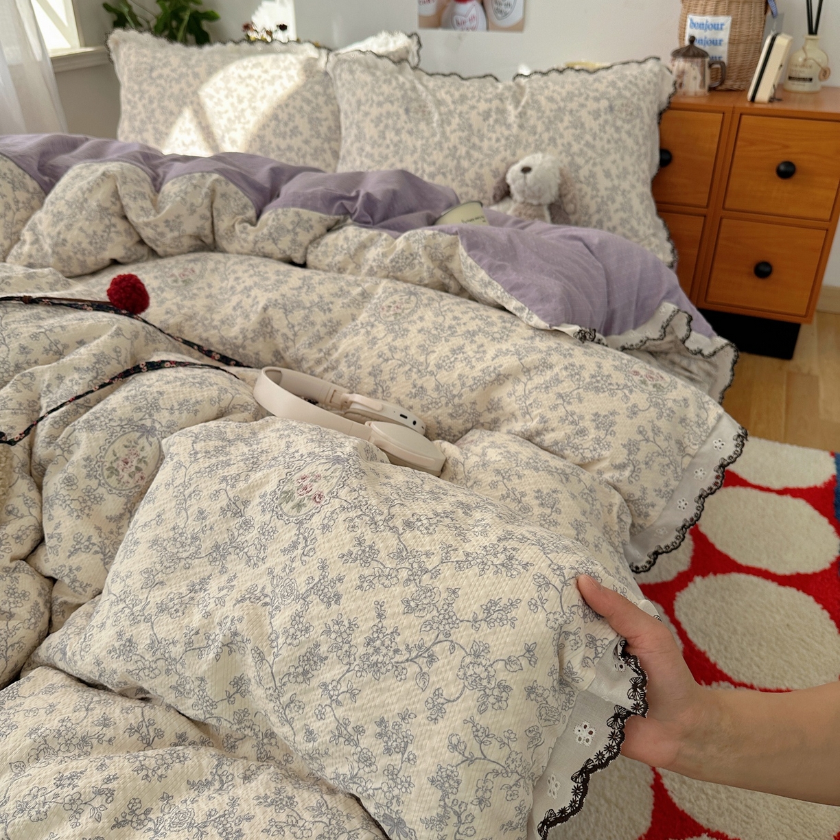 91家纺网 家纺一手货源 找家纺 顾里家纺 2026新款法式复古花边三层纱四件套（会员-2元） 花信蔷薇