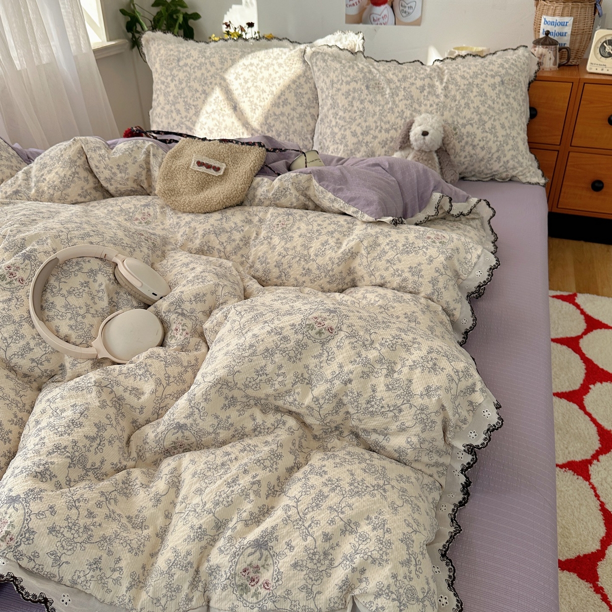 91家纺网 家纺一手货源 找家纺 顾里家纺 2026新款法式复古花边三层纱四件套（会员-2元） 花信蔷薇