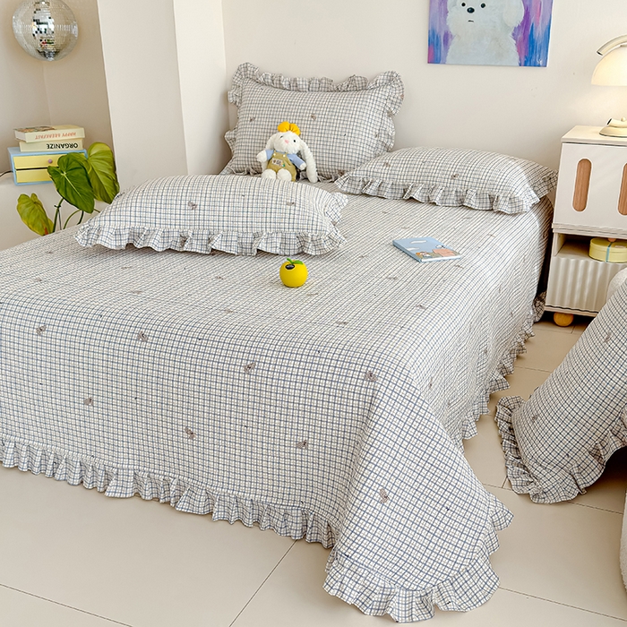 归属 2026春夏新款古法仿棉单床盖床盖三件套 格子兔儿