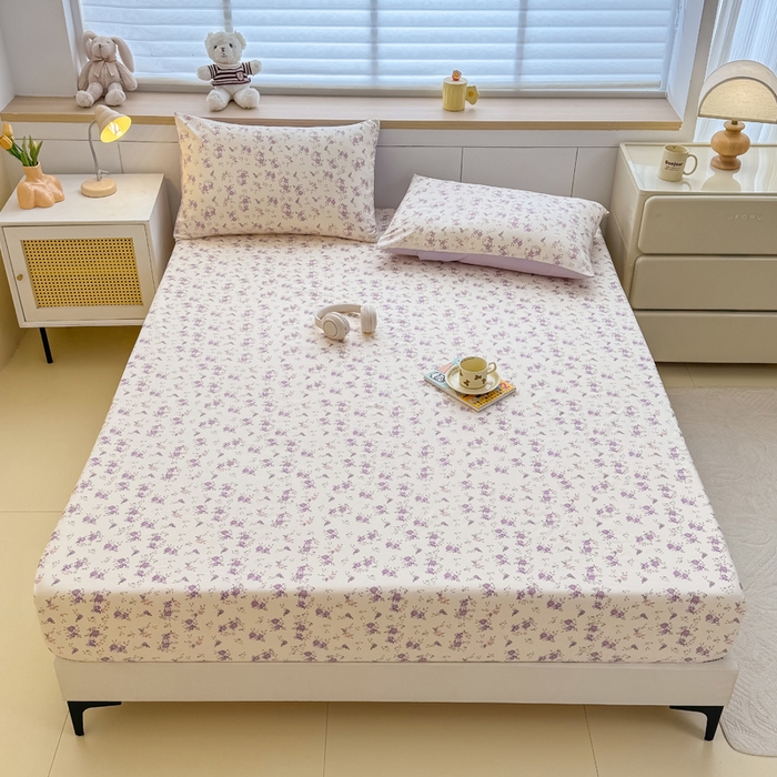 91家纺网 家纺一手货源 找家纺 爱多多家居 2026新款针织棉双层纱床笠 床笠三件套  床笠-紫韵