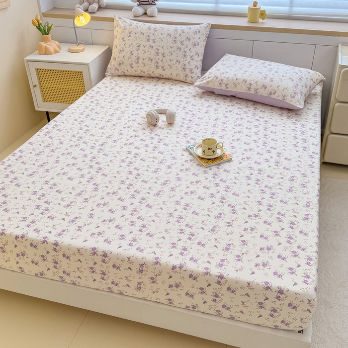 91家纺网 家纺一手货源 找家纺 爱多多家居 2026新款针织棉双层纱床笠 床笠三件套  床笠-紫韵