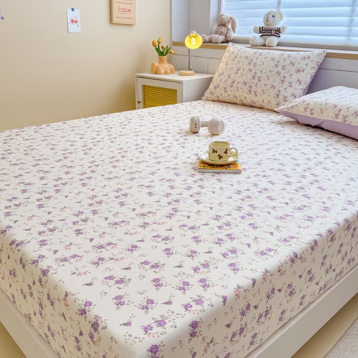 91家纺网 家纺一手货源 找家纺 爱多多家居 2026新款针织棉双层纱床笠 床笠三件套  床笠-紫韵