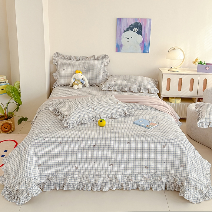 91家纺网 家纺一手货源 找家纺 归属 2026春夏新款古法仿棉单床盖床盖三件套 格子兔儿