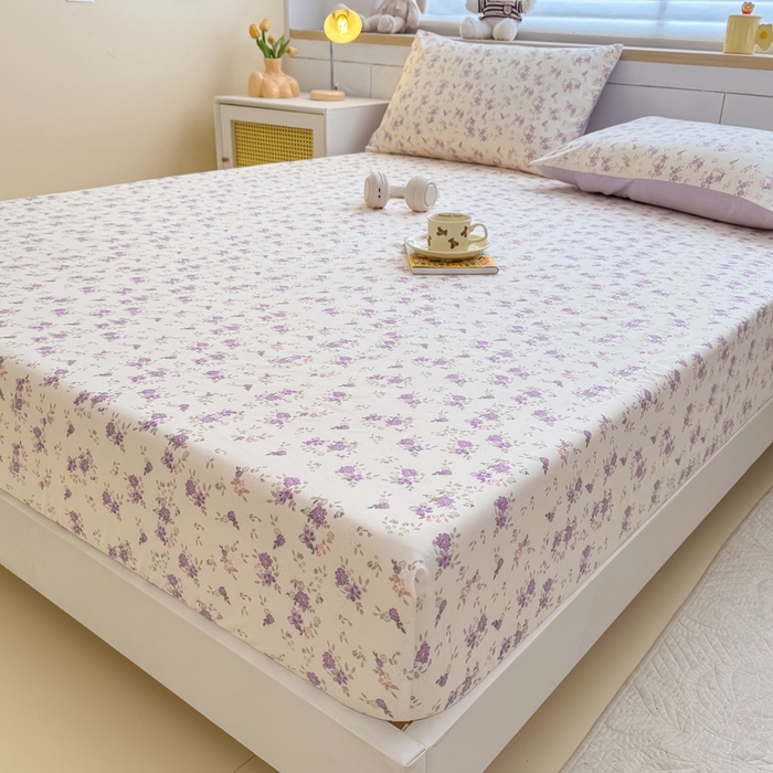 91家纺网 家纺一手货源 找家纺 爱多多家居 2026新款针织棉双层纱床笠 床笠三件套  床笠-紫韵