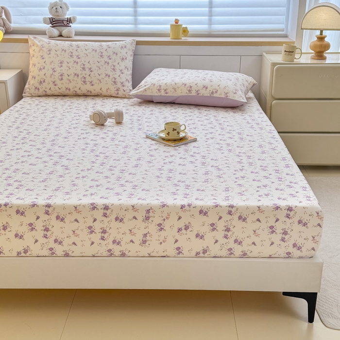 91家纺网 家纺一手货源 找家纺 爱多多家居 2026新款针织棉双层纱床笠 床笠三件套  床笠-紫韵