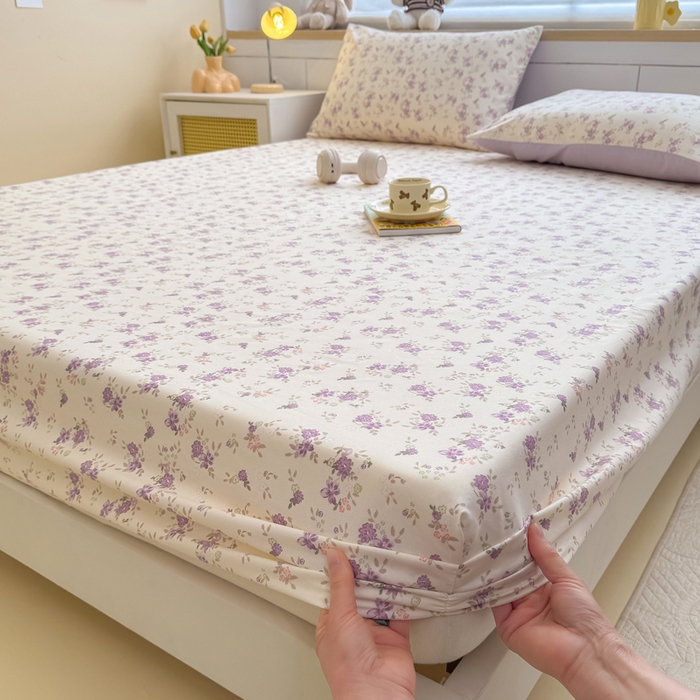 91家纺网 家纺一手货源 找家纺 爱多多家居 2026新款针织棉双层纱床笠 床笠三件套  床笠-紫韵