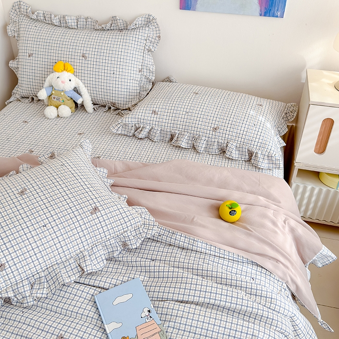 91家纺网 家纺一手货源 找家纺 归属 2026春夏新款古法仿棉单床盖床盖三件套 格子兔儿