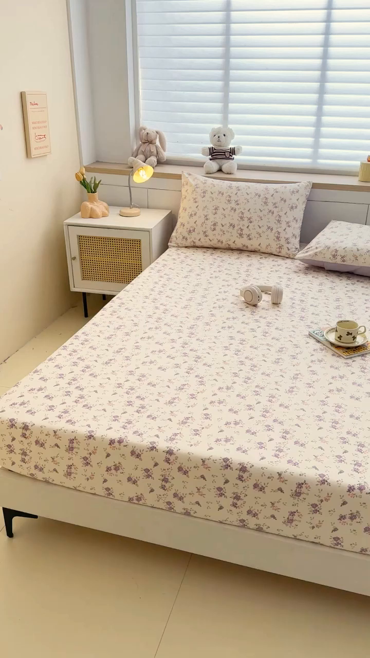 91家纺网 家纺一手货源 找家纺 爱多多家居 2026新款针织棉双层纱床笠 床笠三件套  床笠-紫韵