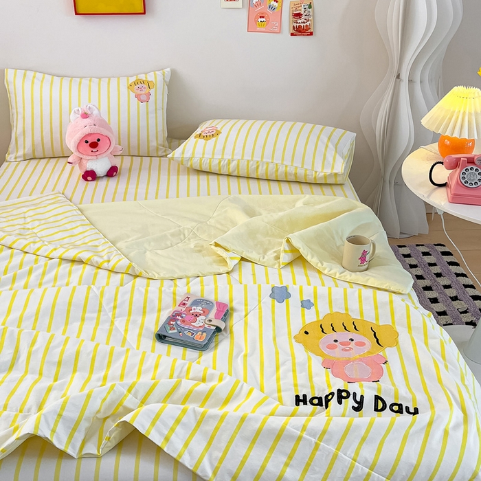 91家纺网 家纺一手货源 找家纺 雅居纺家纺 2026新款全棉绣花夏被夏凉被空调被可配同款老粗布四件套 夏被-小海狸黄