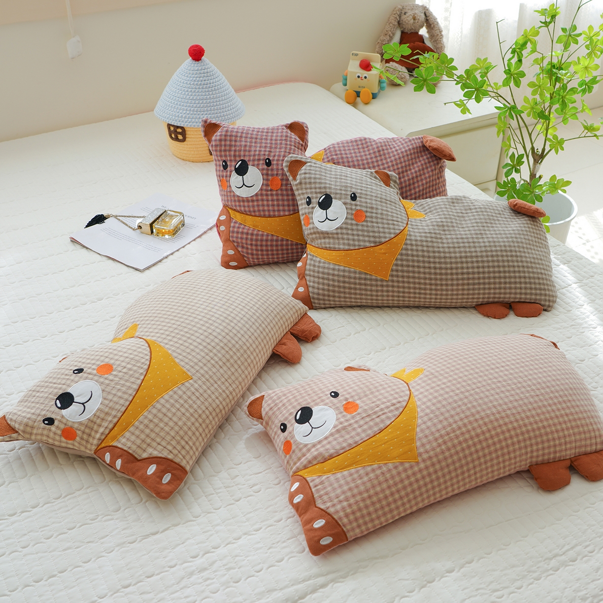 （总）蔻眠 全棉双层纱刺绣荞麦护颈枕头儿童卡通枕芯