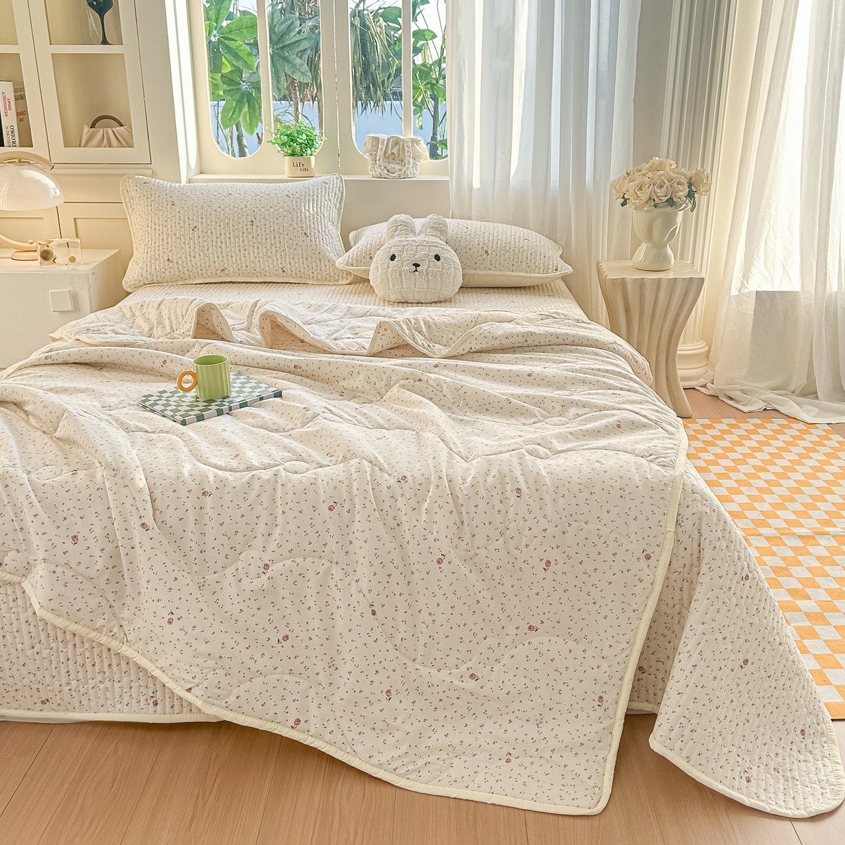 91家纺网 家纺一手货源 找家纺 慕澄家纺 2026新款小清新印花水洗棉床盖夏被四件套 小玫瑰